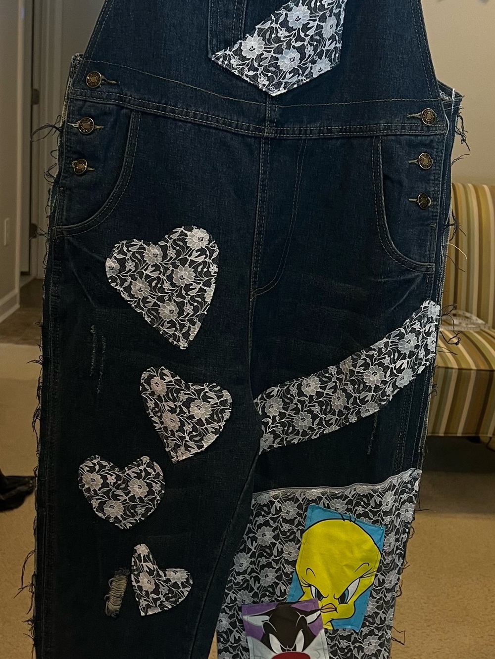Dark Denim Women's Overalls with White Lace Heart Accents